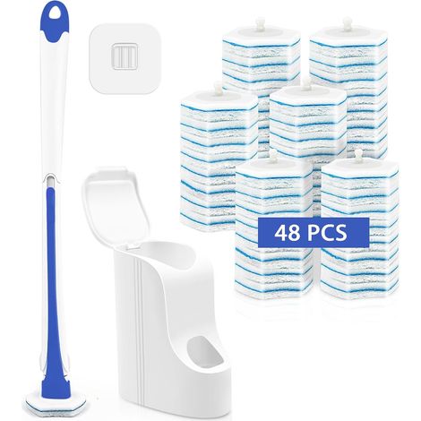 Brosse WC Jetable Recharge, Nettoyeur Toilette Murale avec Produit, 48 Recharges de Détergent Support (Bleu) (1/5)