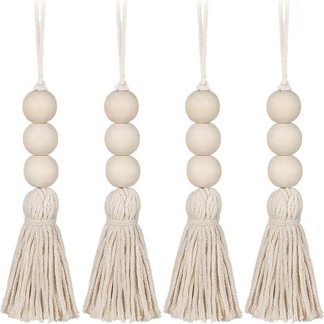 Lot de 4 perles à pompons en bois pour poignée de porte de placard - Décoration murale décorative - Pompon - Pendentif pour armoire, porche (1/5)