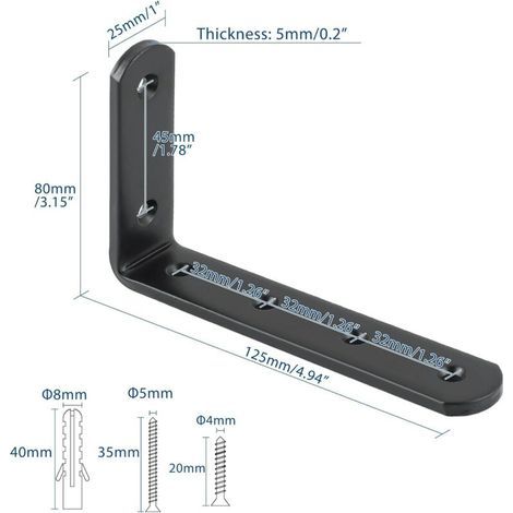 4 Pièces Supports d' Étagère Murale Robustes de 12.5 X 7.5 CM, Equerre Etagere Murale à Angle Droit de 90°, Equerre Etagere Matériau Durable pour Chambre/Salle de Bain/Cuisine, Noir (1/3)