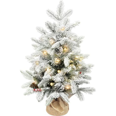 Mini sapin 60 cm vert avec 35 LED, 182 branches effet neige et socle en jute, décoration intérieure design sobre pour bureau pratique et festif