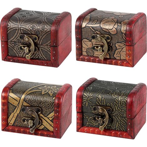 Lot de 4 Vintage Petite Coffre au Trésor en Bois 8 x 6.5 x 6cm Petite Boîte à Bijoux Vintage Coffre de Rangement Décoratives pour Décoration de Maison Cadeaux (1/5)