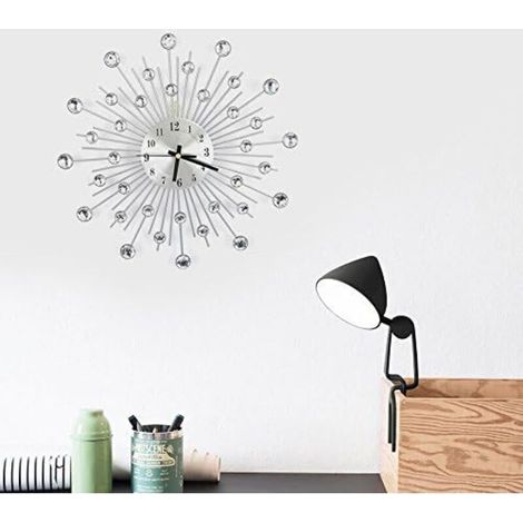 Reloj de pared moderno 3D de cristal, 30 cm, metal plateado con espejo brillante y diamantes de imitación - Decoración de pared redonda - Manecillas digitales de metal - Para inauguración de casa, sal (1/3)