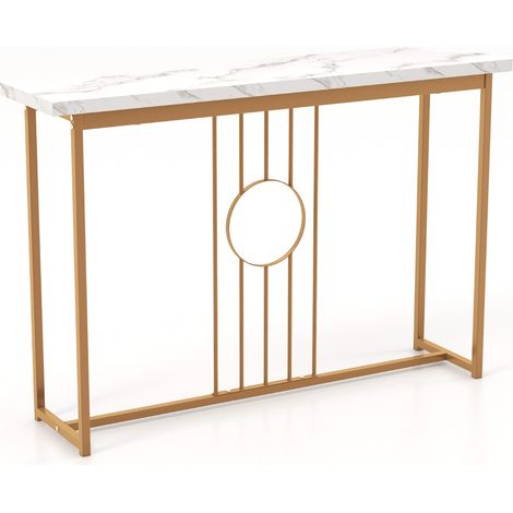 Tavolo console da 120cm con piano effetto marmo e struttura in metallo, Tavolo moderno con cornice dorata Bianco (1/4)
