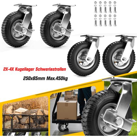 Lot de 4 Ø 250 mm Roulette Pivotantes Gonflable+ Roulette à frein, Charge 450Kg max, 360° Roues Pneumatiques, pour Manutention et Transport