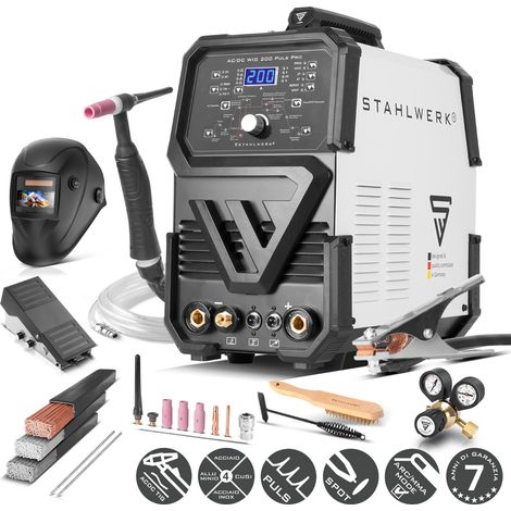 STAHLWERK Saldatrice AC/DC TIG 200 Puls Pro – Set completo – Inverter combinato 200 A, funzione MMA, funzione Pulse, memoria lavori, Hotstart, Anti-Stick, alluminio