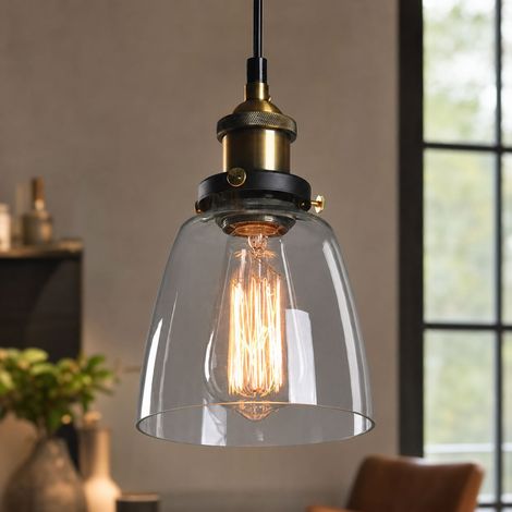 Suspension en verre industriel style rétro, abat-jour transparent et culot bronze, hauteur réglable 1,5m, Ø14cm pour salle à manger (1/4)