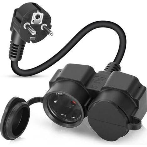 Rallonge avec Prise , Double Prise avec Deux Prises et Capuchons Anti-poussière, Double fiche pour Usage intérieur/extérieur, Maximum 3500 W, 16 A 250 V, IP44, 0,25 m (1/5)