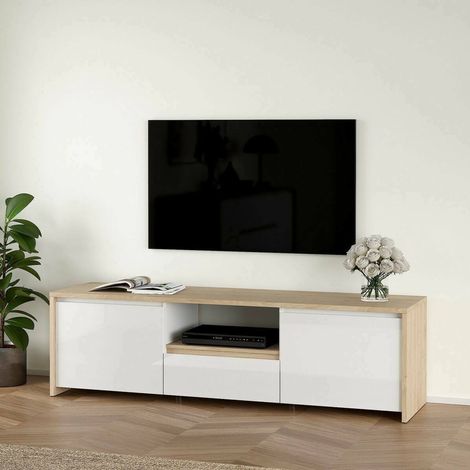 Dmora - Fernsehschrank Ambivere, Ständer für Wohnzimmerfernseher, Niedriges Wohnzimmer-Sideboard, TV-Ständerbasis, 179x48 h52 cm, Eiche und Glänzend Weiß (1/5)