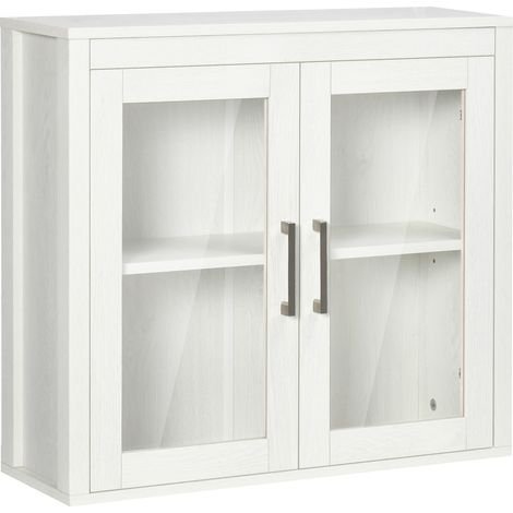 Beyamis Wandhängender Badezimmerschrank mit Glastüren und verstellbarem Einlegeboden, modernes Hängemöbel, 60 x 19,5 x 54 cm, Weiß