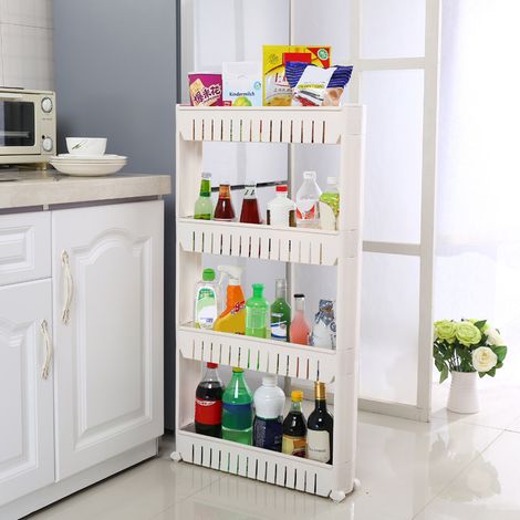 Aqrau Chariot de Rangement Mince à 4 étagères, Chariot Coulissant et Coulissant, Espaces étroits pour Cuisine, Salle de Bain, Plastique, Blanc (1/5)