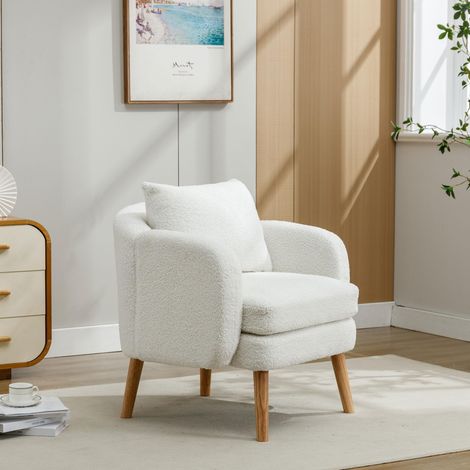 Fauteuil moderne en velours Teddy avec coussin épais, fauteuil relax rembourré avec pieds en bois massif, pour salon ou chambre((blanc)) (1/5)
