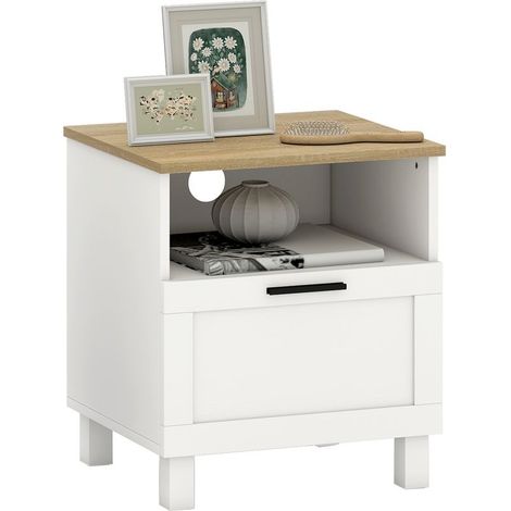 Table of bedside minimalist modern with drawer and shelf open, in wood, 45 x 38 x 50 cm, white and color wood (1/5)