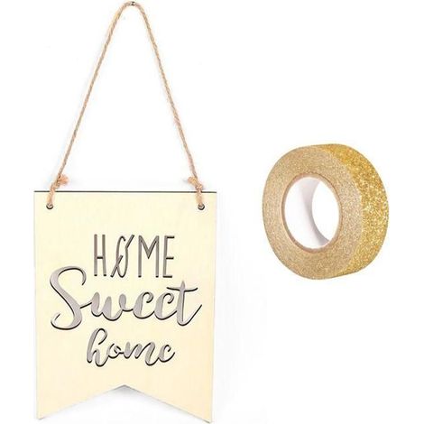 Fanion bois à suspendre 20 x 15 cm Home Sweet Home + masking tape doré à paillettes 5 m