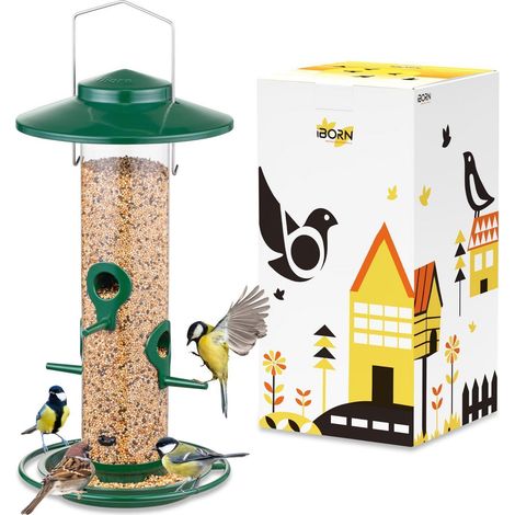 Vogelfutterspender Metall mit 4 Futteröffnungen und großem Dach, grün