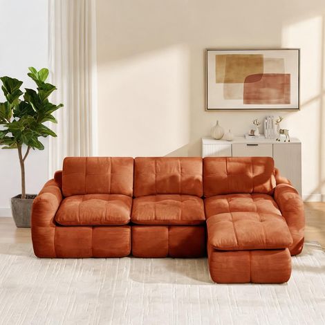 Canapé d'angle modulable 3 places en chenille orange avec pouf (1/5)
