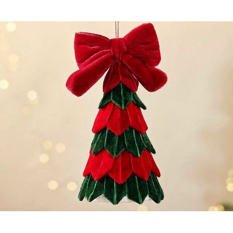 Ornement suspendu petit sapin bicolore rouge‑vert en velours 14 cm, décoration festive avec nœud rouge (1/3)