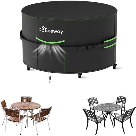 Housse ronde imperméable pour table de jardin avec grille d'aération, ensemble table et chaise d'extérieur – Tissu Oxford 420D coupe-vent – Diamètre circulaire : 128 x 72 cm (1/5)