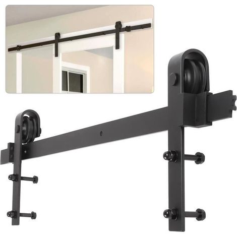 6,6Ft. 200cm Quincaillerie pour Porte Coulissante, Kit de Rail pour Porte Suspendue, Ensemble Complet Industriel avec Roulettes, Système de Porte Coulissante - Style 1 (1/5)