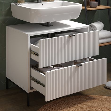 Meuble sous vasque simple Eliza, Blanc, 70x63cm avec 2 tiroirs coulissants, Vicco (1/5)