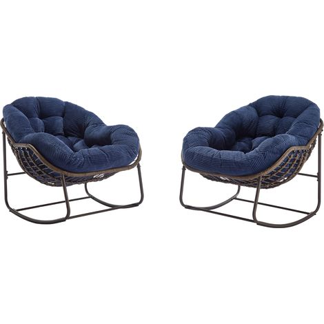 Sedia a dondolo in rattan da esterno con cuscino blu navy, struttura in acciaio, 1 posto (1/5)