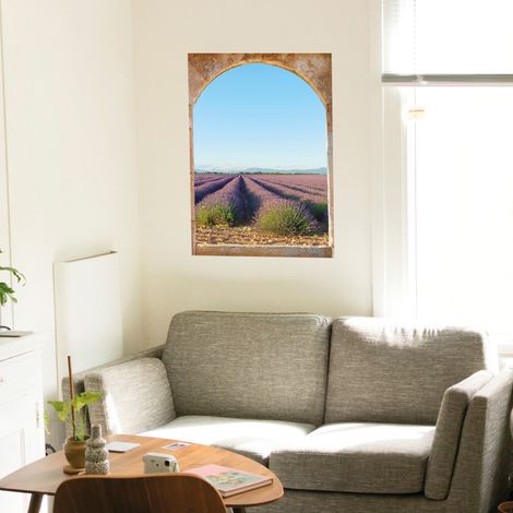 Sticker décoratif, trompe l'oeil ouverture en pierre sur champs de lavande, 68 cm X 48 cm (1/5)