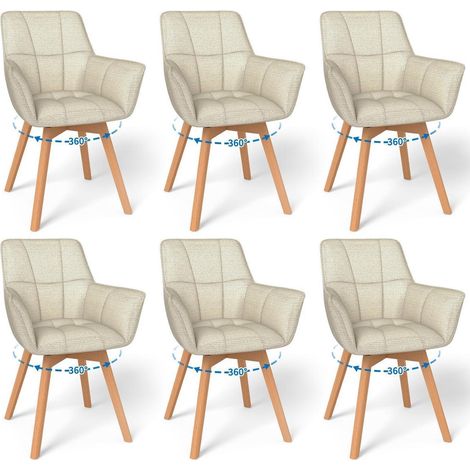 6er Set Drehstühle mit Armlehnen, 360° drehbar, Samt, Holzbeine, Beige (1/5)