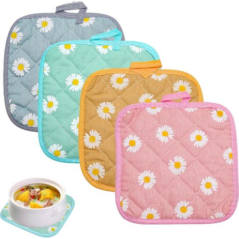 Set de 4 Maniques Cuisine 17x17cm, Maniques en Coton et Lin Résistantes à la Chaleur 100°C, Dessous de Plat Décoratifs avec Motif Marguerite avec Boucle de Suspension, Accessoires de Cuisine (1/5)
