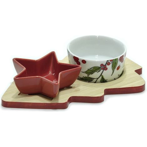 Antipastiera 2 Posti con Ciotole in Ceramica Albero di Natale e Base in Legno di Bambù - Ottima Idea Regalo per Natale Porta Stuzzichini Natalizio