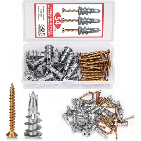 Lot de 50 chevilles pour placoplâtre autoperceuses - En métal - Avec 50 vis - Pour la fixation dans le béton, la brique, la pierre, les plaques de plâtre (1/5)