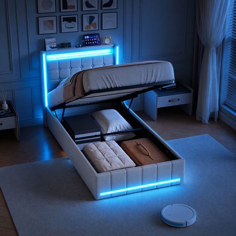 JOOKGBD-Letto imbottito singolo 90x200cm con contenitore idraulico,LED RGB,porte USB/Type-C,testiera imbottita in lino,per adolescente e adulto,beige (1/5)