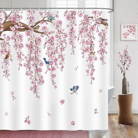 Rideau de douche à motifs de fleurs de cerisier, de sakura roses et d'oiseaux - Anti-moisissure, imperméable et lavable, 180 x 180 cm, avec 12 crochets (1/5)