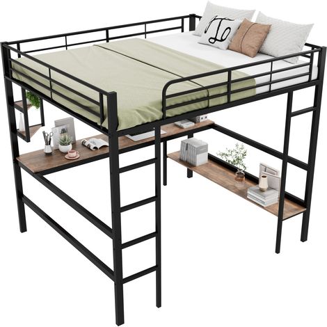 Cama alta 140x200 cm de metal negra con escritorio, 4 estantes pequeños y gran estantería, segura EN747, para niños, jóvenes y adultos, estilo minimalista  CHICFURN (1/5)