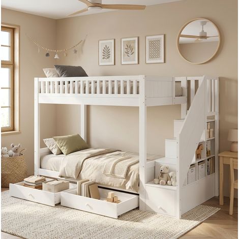 Lit superposé pour enfants 90x200 cm en bois blanc avec escalier de rangement et 2 tiroirs (1/5)