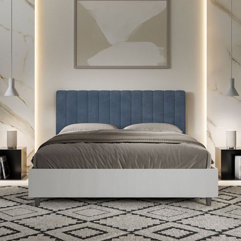Letto contenitore da 160x190 in legno bianco e testata in microfibra blu Kaia (1/5)