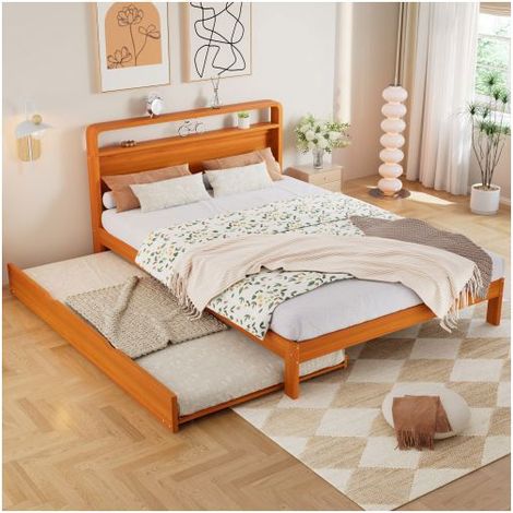 Lit gigogne 140x200 cm tête de lit avec rangement pratique - Lit double - bois naturel 2 en 1 gain de place idéal pour adulte enfant (1/5)