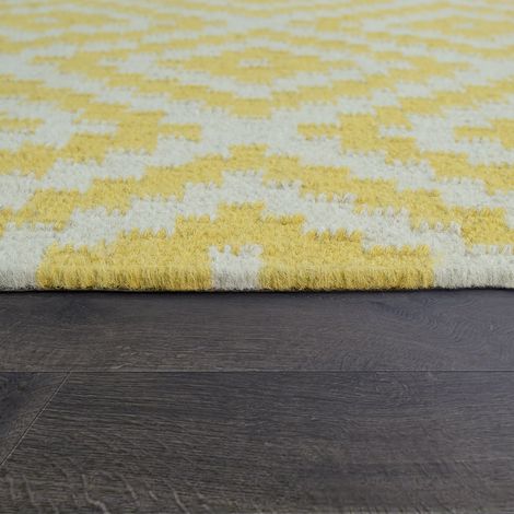 Paco Home Teppich Modern Marokkanische Muster Handgewebt Skandi Rauten Fransen Gelb Weiß 140x200 cm
