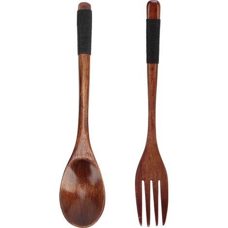 Ensemble cuillère et fourchette de style japonais, petite cuillère et fourchette en bois avec un manche enroulé de fil de fer. (1/5)