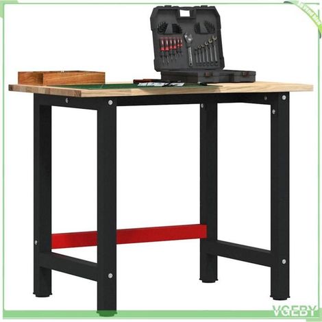 Établi - 7291712428784 - bois de chêne massif - cadre métal noir/rouge - 100 x 60 x 81,5 cm (1/5)