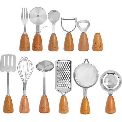 12 pièces, ustensiles cuisine en acier inoxydable et bois naturel, set complet polyvalent pour débutants et familles (1/5)