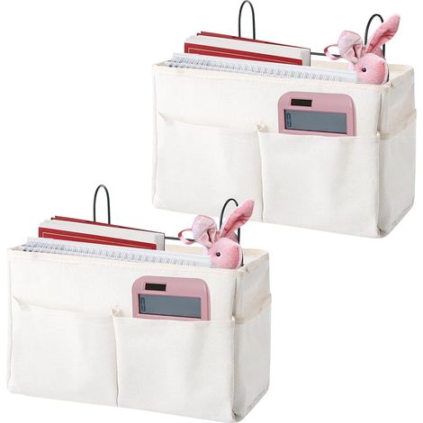 Organizador de mesita de noche, 2 bolsas impermeables para colgar, práctico organizador para dormitorio, cama, sofá, revistas, gafas y libros, color beige (1/5)