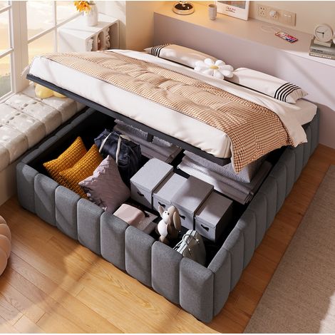 Cama 140x200 cm con almacenaje hidráulico, tapizada en tela gris y sin cabecero, estructura de MDF para dormitorio minimalista y espacios ordenados – CHICFURN (1/5)