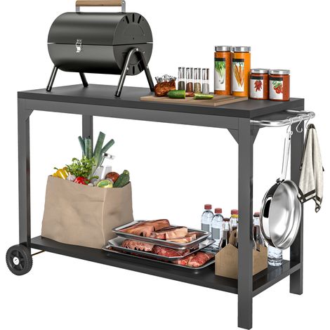 Carrello da giardino in acciaio con piano di lavoro su ruote, 135 x 55 x 86,5 cm, nero