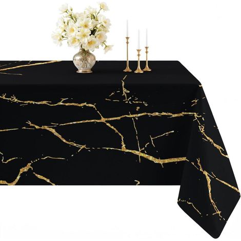 Nappe lavable aspect lin 140x100 cm Noir Or Marbre Rectangulaire