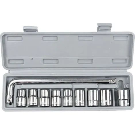 Coffret de 10 douilles 1/2" (8-21 mm) pour la réparation automobile et mécanique, avec boîte de rangement grise. (1/3)
