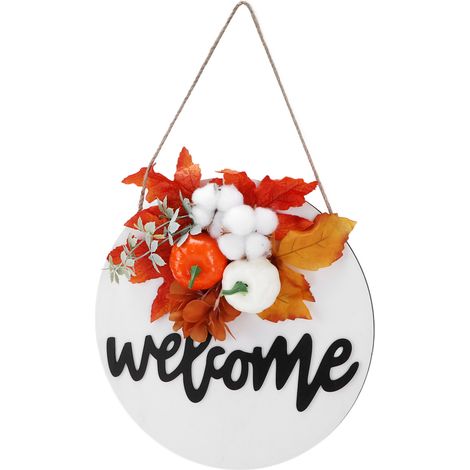Panneau de porte en bois rond style ferme, décoration d'accueil suspendue pour Halloween, Noël, feuille d'érable et coton (1/5)