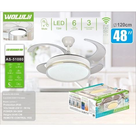 Lampadario LED con Ventilatore per Soffitto 72W CCT 3 Colori LUCE Pale a Scomparsa 6 Velocità