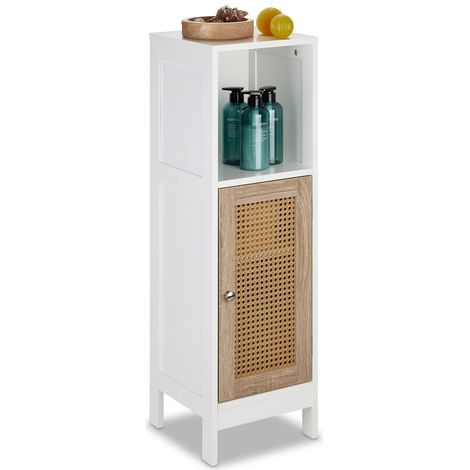 Meuble de Salle de Bain, 3 Compartiments, Non Fixe, HxLxP: 96,5 x 30 x 30 cm, Porte en rotin, Blanc - Nature (1/5)