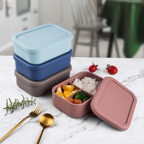 Silikon-Lunchbox mit 3 Fächern, mikrowellengeeignet, wiederverwendbar, tragbar für Erwachsene und Kinder (1/5)