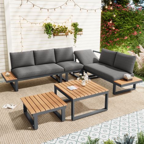 6-Piece Outdoor Patio Furniture Set for 5-6 People with Adjustable Reclining Seats and WPC Tabletops,Gray and Black (1/5)
