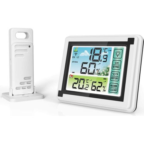 Stazione meteorologica wireless con termometro a colori, igrometro, termometro digitale con sensore silenzioso wireless, funzione di memorizzazione della temperatura e dell'umidità interna ed esterna (1/5)